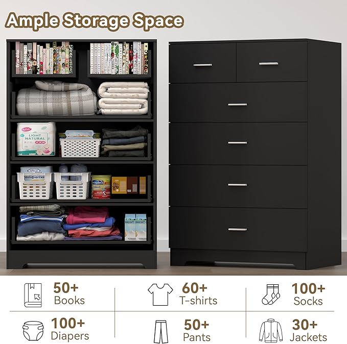 FJTJBSI Dresser with Power Outlets Wooden 6 Drawer Dresser with Large Organizer Black Tall Storage Organizer with Smooth Metal Rail Modern Chest of Drawers Closet for Bedroom Hallway