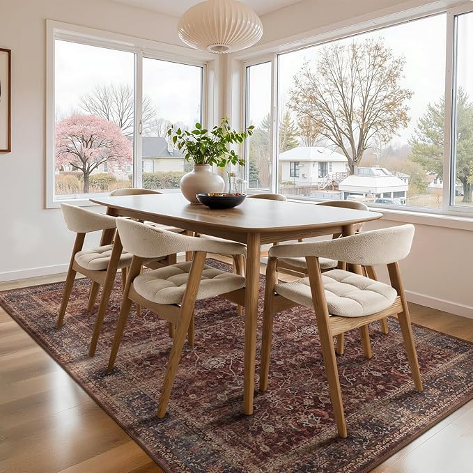 Brick Red 6x9 Rugs for Living Room, Earth Tone Area Rug for Bedroom Under Bed Non Slip, Washable Vintage Distressed Dining Room Rug Under Table Rustic Farmhouse, Low Pile Ultra Thin Soft