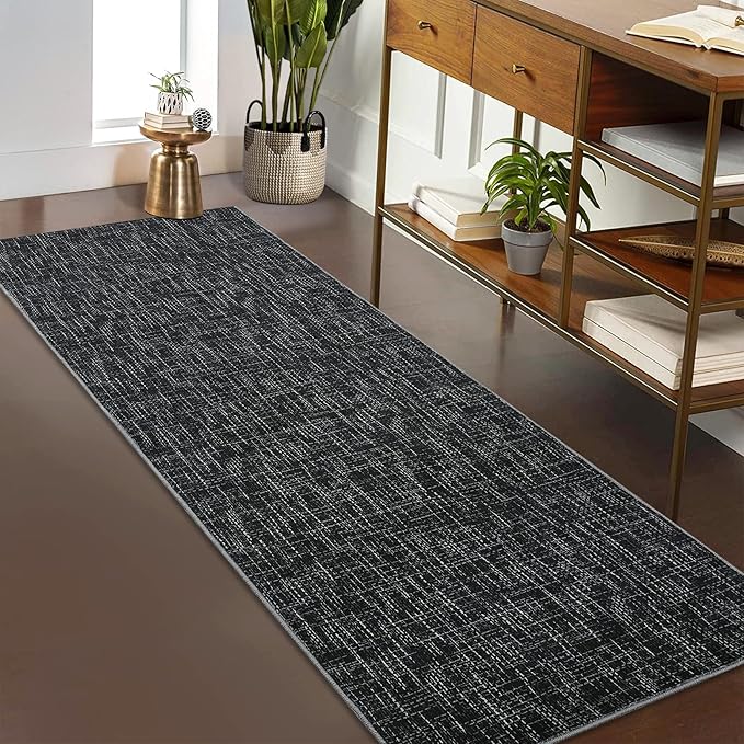 RUGSREAL 2x6 Runner Rug Washable Kitchen Runner Rug Modern Abstract Runner Mat for Hallway Contemporary Solid Rug Non-Slip Foldable Aesthetic Accent Floor Carpet for Living Room Bedroom, Black