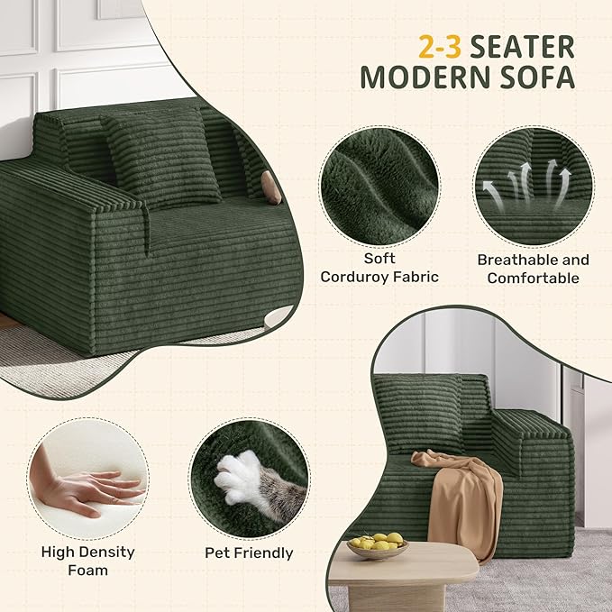 Luxanimarion 75'' Modern Loveseat Sofa, No Assembly Required Comfy Deep Seat Couches 1 pcs for Living Room, Bedroom, Apartment(Green)