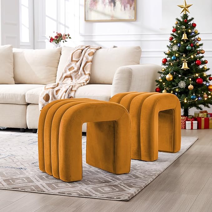 Multi-Functional Ottoman Stool Set of 2, Footrest for Couch, Modern Vanity Stool for Make-up Room, Living Room and Entryway, Small Cute Footstool (Cognac Velvet)