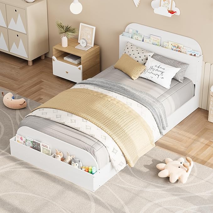 GarveeHome Twin Size Bed Frame, Wooden Beds with Storage Headboard and Raised-Foodboard for Kid, Twin-Floor Low Platform Bed for Bedroom, Sturdy Wooden Slats Support, No Box Spring Needed, White