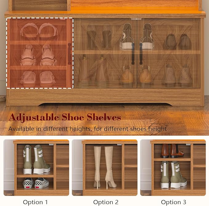 CSZZD Hall Tree with Bench and Shoe Storage, Farmhouse Entryway Bench with Coat Racks and Led Lights, Tall Hall Tree with 7 Coat Hooks, 6 Storage Cubbies, Adjustable Shelf