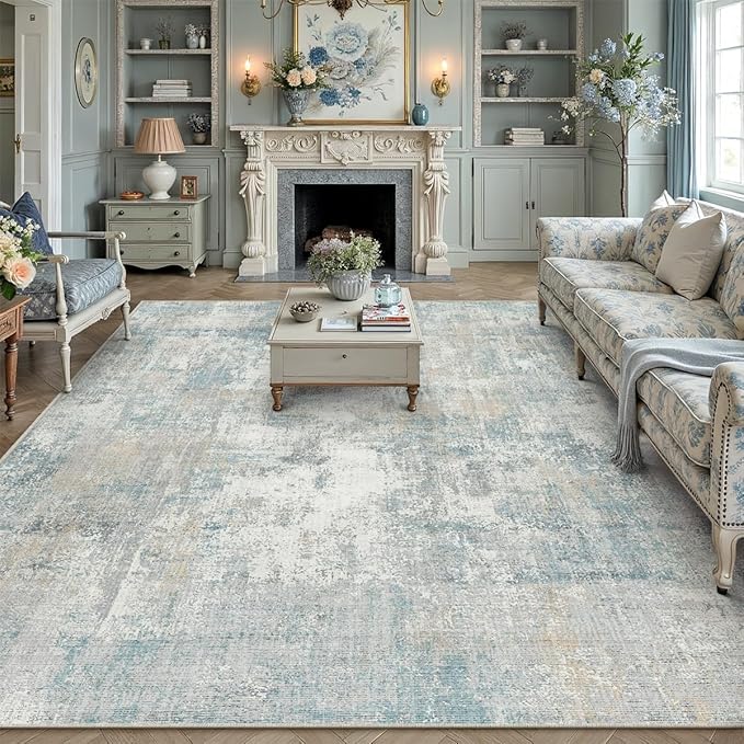 10x12 Washable Area Rug Blue Cream Abstract Non Slip Soft Low Pile Rug for Living Room Bedroom Dining Room Office Neutral Modern Indoor Large Throw Carpet for Home Decor