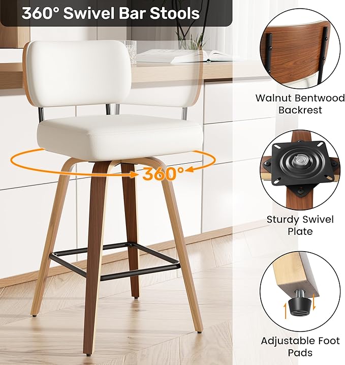 Swivel Bar Stools Set of 2, 26" Upholstered Faux Leather Counter Height Barstools with Walnut Back & Bentwood Legs, Mid Century Modern Bar Chairs Island Stools for Kitchen Counter, Cream White