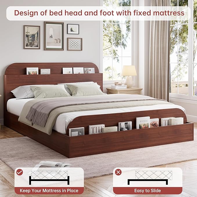 GarveeHome Full Size Bed Frame, Wooden Beds with Storage Headboard and Raised-Foodboard, Full-Floor Low Platform Bed for Bedroom, Sturdy Wooden Slats Support, No Box Spring Needed, Espresso