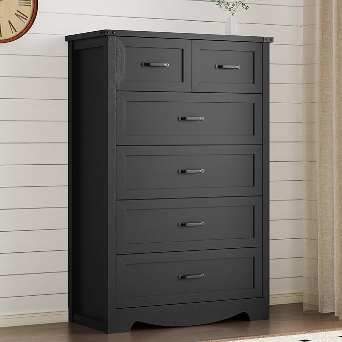 BORNOON Tall 6-Drawer Dresser for Bedroom, Modern Wooden Chest of Drawers with Metal Handles, Anti-Tipping Design, Sturdy and Stable Storage Organizer for Living Room, Entryway, Home Office
