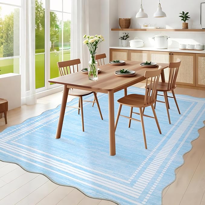 Garvee Washable Scalloped 5x7 Rug Living Room Rugs 5x7 Non-Slip Washable Solid Neutral Carpet, Modern Scalloped Rug Indoor Faux Wool Floor Mats for Bedroom Playroom Dining Room Home Office, Light Blue