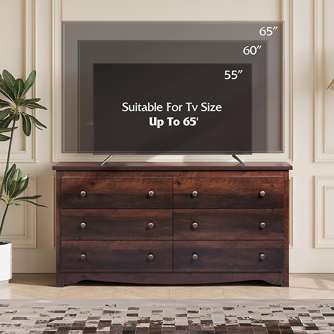 WLIVE Wooden Dresser for Bedroom, 6 Drawers Chest of Drawers, 59" Wide Modern Dresser Closet Storage Organizer for Living Room Hallway, Brown
