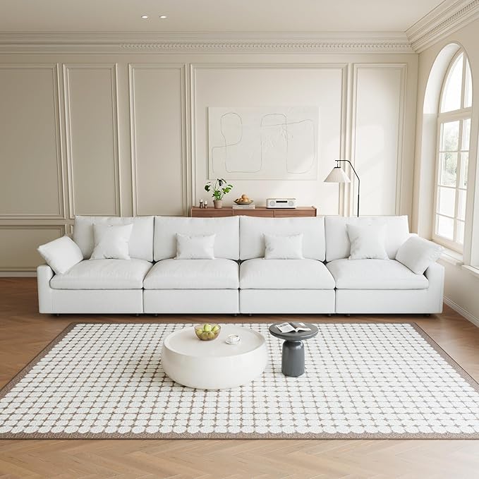 Modular Sectional Sofa Cloud Couch, 155.9" Oversized 4 Seater Sofa Couch with Pillows, Linen Blend Fabric Minimalist Deep Seat Couches for Living Room, Sofa Covers Washable&Removable, White