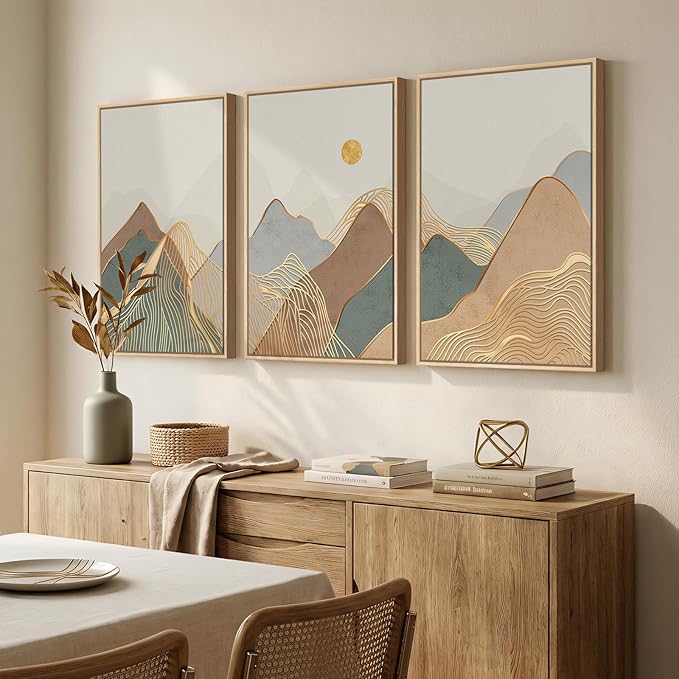 Framed Boho Abstract Mountain Wall Art for Living Room, 3 Piece Modern Nature Landscape Canvas Artwork for Bedroom Walls, Sunset Minimalist Scenic Prints Wall Decor for Hallway Home Office, 16x24 Inch