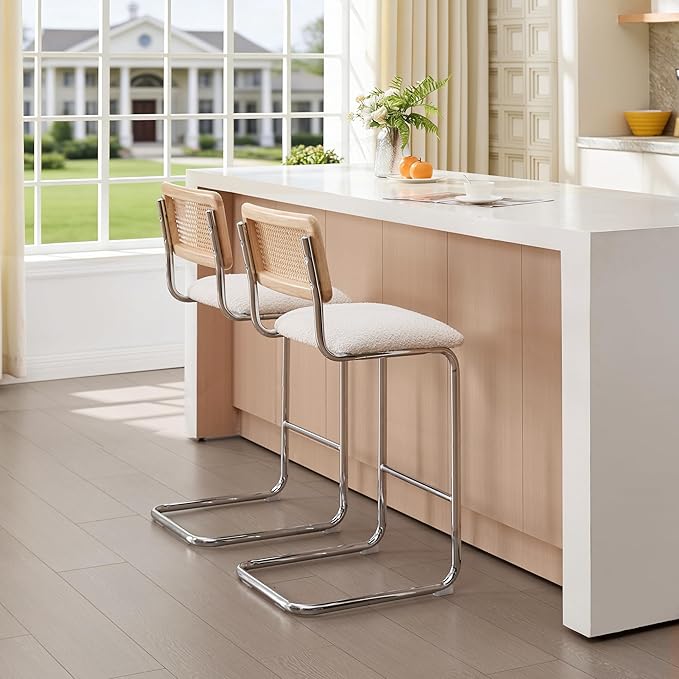 Zesthouse Rattan Bar Stools Set of 2, 30'' Upholstered Boucle Fabric Barstools with Wooden Back & Natural Cane Mesh, Mid Century Cantilevered Design High Chairs for Kitchen Bar with Chrome Base, White