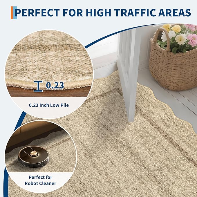 GarveeHome Scalloped Round Rugs 6Ft Washable Area Rug for Playroom, Kids Non-Slip Neutral Classic Circle Rug Modern Large Carpet Soft Boys Rug for Classroom Dorm Bedroom, Jute