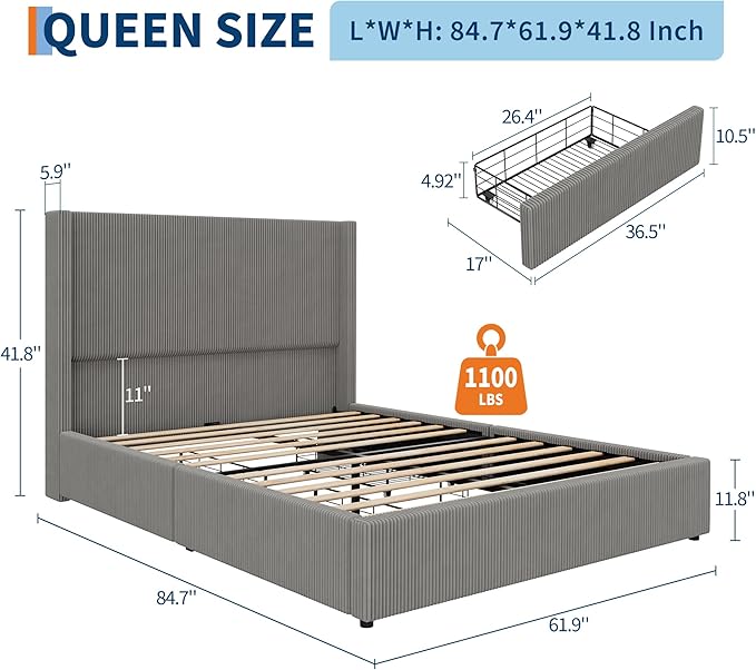 IDEALHOUSE Queen Size Upholstered Platform Bed Frame with Storage Drawers, Corduroy Wingback with Tufted Headboard and Footboard, No Box Spring Needed, Grey