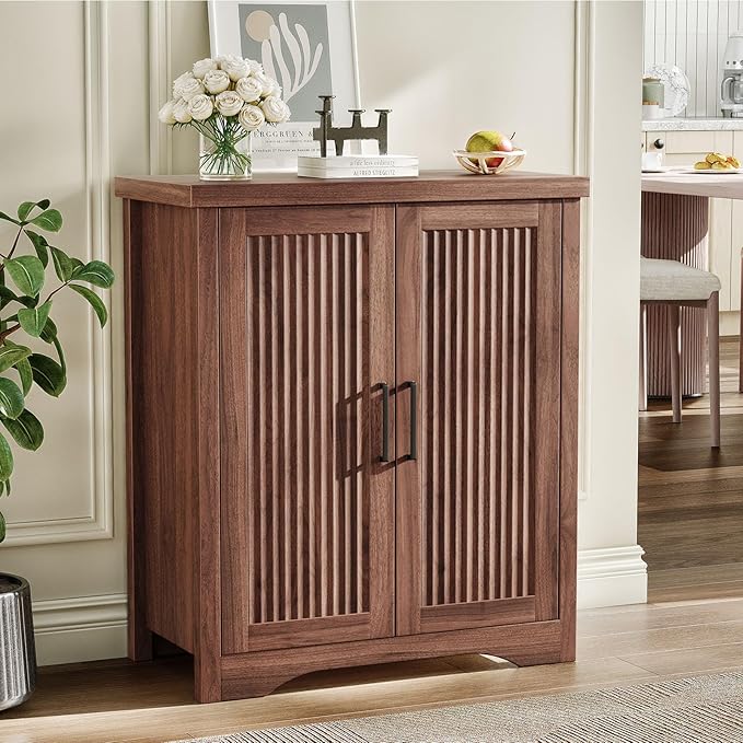Memobarco Fluted Buffet Cabinet with Storage Accent Sideboard,Modern Credenza with 2 Doors & Adjustable Shelves,Wood Coffee Bar Table Console for Dining Room Kitchen Living Room Entryway, Walnut