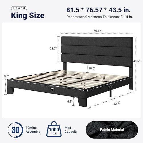 Allewie King Bed Frame Platform Bed with Fabric Upholstered Headboard and Wooden Slats Support, Fully Upholstered Mattress Foundation/No Box Spring Needed/Easy Assembly, Dark Grey