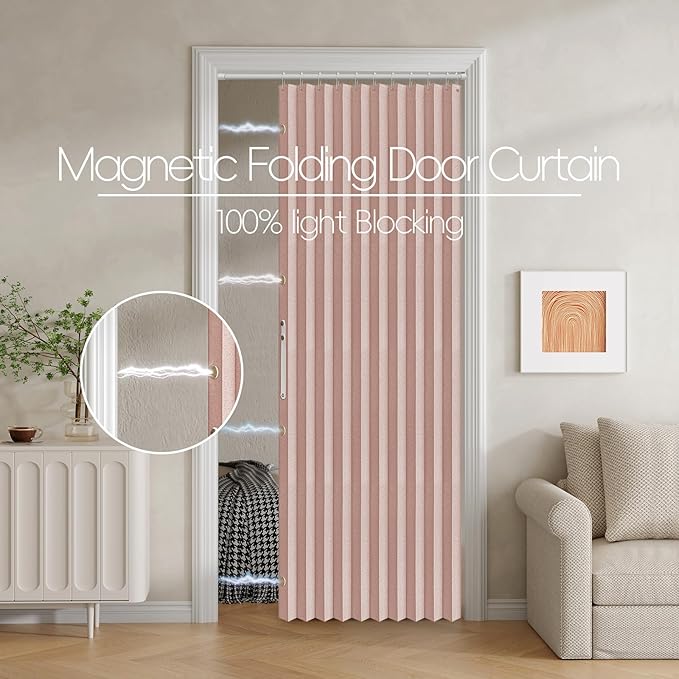 Jilron 100% Blackout Fabric Folding Door Curtain with Magnetic Closure - Accordion Style for Sliding Doors, Closets,Wardrobe and Temporary Door Solutions Doorway Curtains（W42 x L78, Pink，1 Panel）