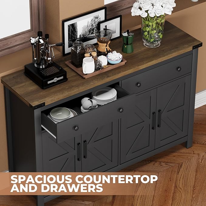 VVFLU 55" Sideboard Buffet Cabinet with Storage, Coffee Bar Cabinet with 2 Drawers and 4 Barn Doors, Long Storage Cabinet Modern Farmhouse, Black Wood, for Kitchen, Dining Room, Living Room