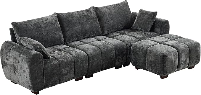 112" Mid Century Modern L Shaped Couch, 3 Seater Modular Sectional Sofa with Movable Ottoman, Deep Seat and Solid Wood Legs, Cloud Couch for Living Room, Chenille Tufted Sofa, Grey