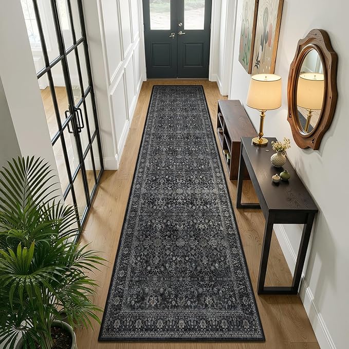 Dark 2x10 Rug Runners for Hallways Non Slip, Long Kitchen Runner Rugs Non Skid Washable, Vintage Famrhouse Low Pile Thine Carpet Runners for Entryway Corridor Mudroom Foyer, Midnight