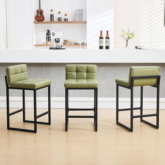 FIRAVOE Bar Stools Set of 3, Upholstered PU Leather Counter Height Barstools with Low Back and Thickened Metal Legs, Modern Counter Stools for Kitchen Island (Avocado Green, 3Pcs 26" Counter Stools)