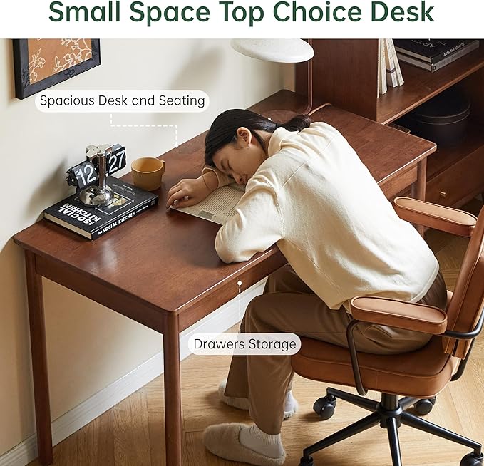 100% Solid Wood Desk, Home Office Writing Desk, Mid Century Modern Computer Desk with Drawers for Study Living Room 47" W