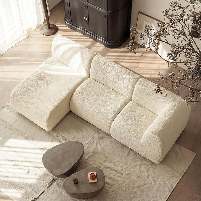 105" Curved Sectional Sofa with Chaise, Boneless 3 Seater Modular Couch, Reversible L-Shaped Couches with High-Density Foam, Modern Lounge Comfort Sherpa Sofas for Living Room – No Assembly, White