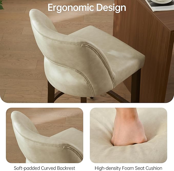 VKNOW 26" Bar Stools Set of 4, Faux Leather Counter Height Bar Stools with Backrest and Rubberwood Legs, Upholstered Barstools for Kitchen Island, Bar and Dining Room, Beige