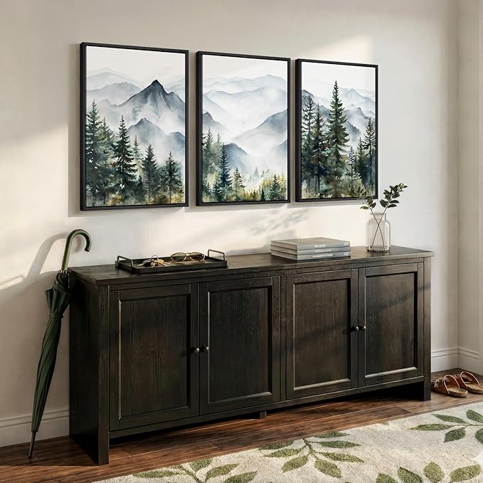 Framed Mountain Landscape Wall Art for Living Room, 3 Piece Nature Foggy Forest Canvas Artwork for Walls, Scenic Pine Tree Paintings Print Wall Decor for Bedroom Hallway Office Dining Room, 16x24 Inch