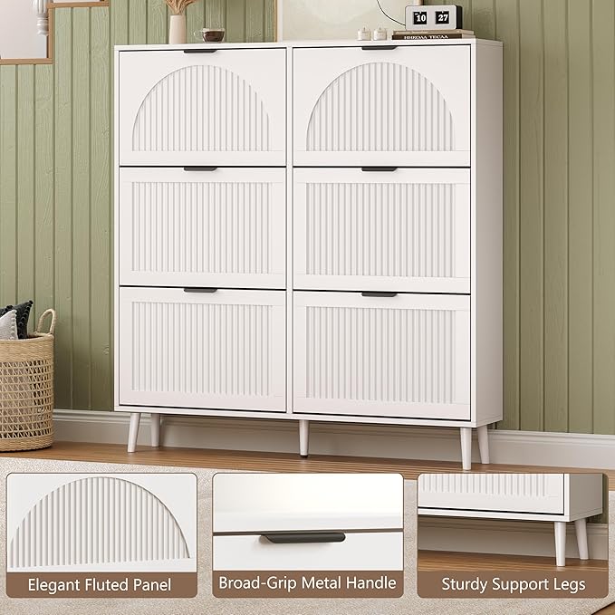 BORNOON Shoe Cabinet for Entryway with 6 Flip Drawers, Slim Wooden Shoe Storage Organizer with Modern Fluted Pannel，Freestanding Narrow Hidden Shoe Rack for Hallway, Foyer, Living Room