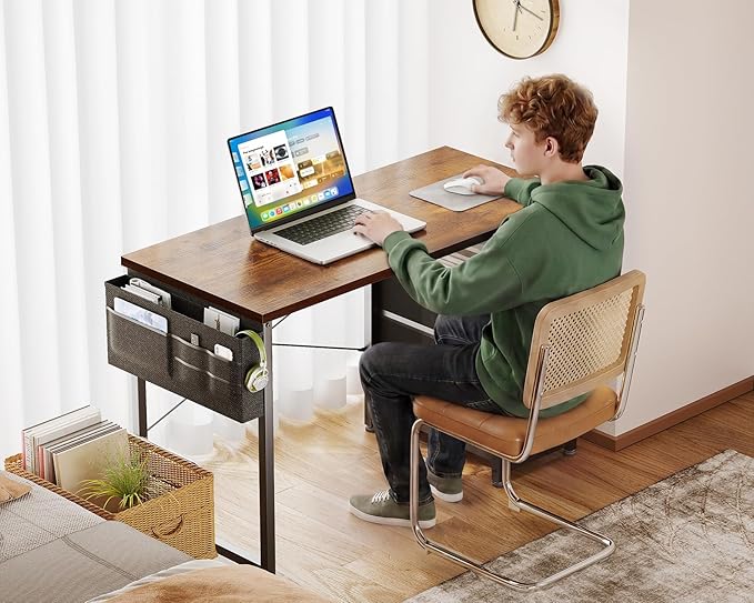 AODK 40 Inch Small Computer Desk with Fabric Drawers, Kids Study Desk for Bedroom, Home Office Desk with Storage Shelf & Bag for Small Space, Vintage