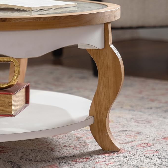 WILLIAMSPACE 31.5" Round Coffee Table with Open Storage, Farmhouse Solid Wood Circle Center Table with Tempered Glass Top 2-Tier Tea Table for Living Room, Easy Assembly (White & Natural Wood Finish)