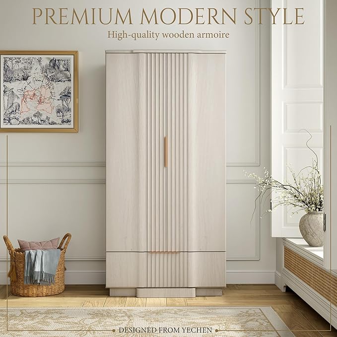Yechen 67" Fluted Armoire Wardrobe Closet with Doors and Drawer, Wooden Wardrobe Cabinet with Adjustable Shelve, Modern Small Armoires for Hanging Clothes Coats for Bedroom, White Grey