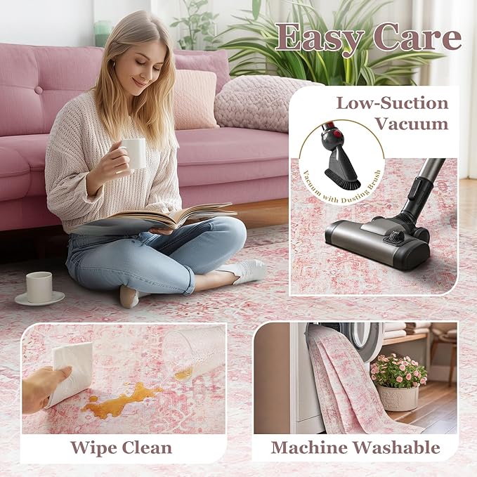 5x7 Pink Rug for Nursery, Thin Washable Rugs for Kids Room Playroom, Distressed Aesthetic Area Rugs for Bedroom Girls Dorm Romantic, Non Slip Carpet Rug for Living Room Dining Room Home Office