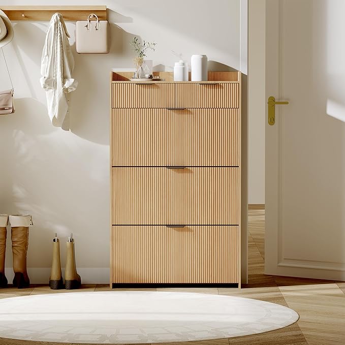 IDEALHOUSE Modern Shoe Cabinet with 3 Flip Drawers & 2 Small Drawers & Hook, Slim Fluted Shoe Storage Organizer, Narrow Entryway Cabinet for Apartment, (Wood Color, 3 Flip Drawers)