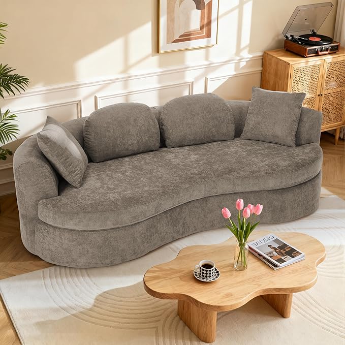 95” Modern Curved Sofa, Chenille Fabric Comfy Cloud Couch, No Assembly Required Half Moon Couch with Deep Seat, 4 Pillows for Living Room, Apartment, Bedroom