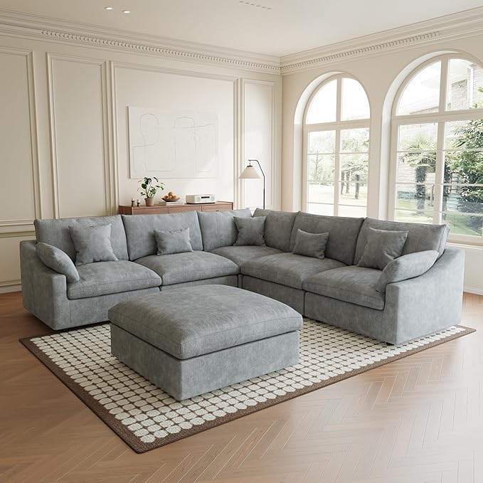 Modular Sectional Sofa Cloud Couch, Oversized 5 Seater Couch with Ottomans, Extra Large V Shaped Deep Seat Couches for Living Room, Sofa Covers Washable&Removable, Grey