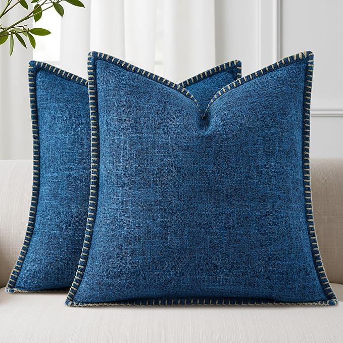 decorUhome Summer Decorative Throw Pillow Covers 18x18 Set of 2 Square Faux Linen Outdoor Neutral Farmhouse Pillow Covers with Stitched Edge for Couch Sofa Living Room, Dark Blue