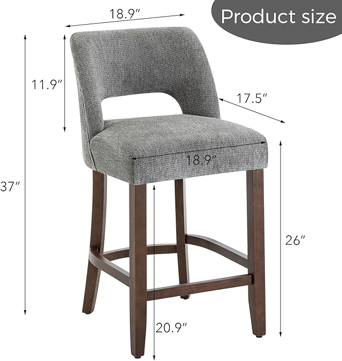 VKNOW Bar Stools Set of 6, 26" Upholstered Counter Height Bar Stools, Modern Counter Stools with Wood Legs for Kitchen Island Dining Room Bar, Grey