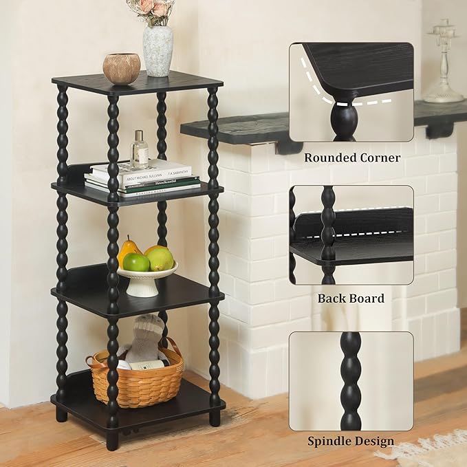 Fultyle Book Shelf, 4-Tier Bookshelf with Storage, Small Bookcase Display Shelves with Solid Wood Legs for Bedroom, Living Room, Office and Small Spaces (Black)