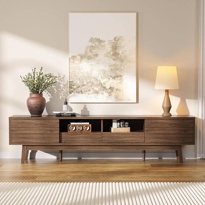 MU 70 Inch TV Stand for TVs up to 80 Inch, Mid Century Modern TV Console with Fluted Sliding Doors, Shelves & Drawers, Low Profile Entertainment Center for Living Room (Walnut, 70")