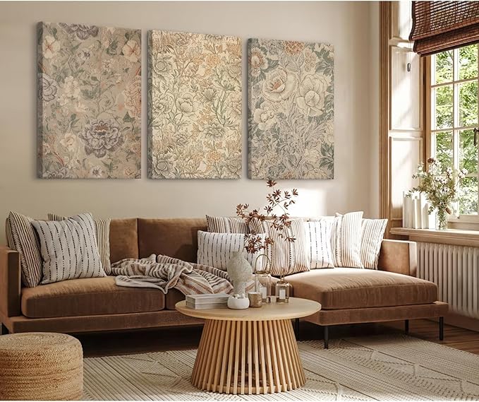 Vintage Flower Wall Art Decor Beige Floral Canvas Wall Art Botanical Rustic Pictures Prints Farmhouse Antique Painting Vintage Flower Poster for Living Room Bedroom 16x24 Inch Wrapped Canvas Set of 3