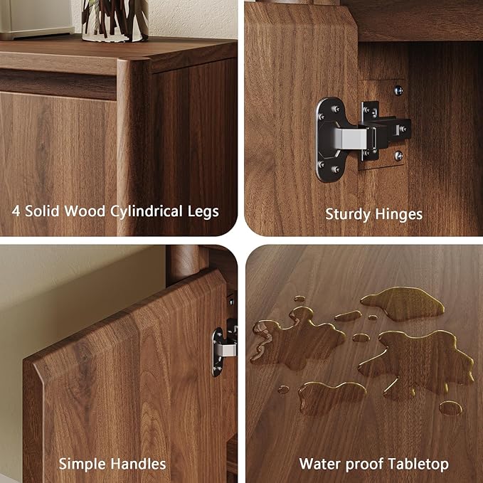 CHUWELL Walnut Sideboard Buffet Cabinet - 59" Mid Century Buffet Storage Cabinet with 4 Doors, Adjustable Shelves, and 4 Solid Wood Round Legs- Coffee Bar Table for Kitchen