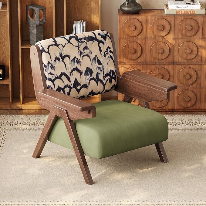 Accent Chair Mid Century Modern Chair, Velvet Upholstered Lounge Arm Chair with Solid Wood, Cozy Reading Chair for Living Room, Bedroom, Balcony (Feather Print, Set of 2)