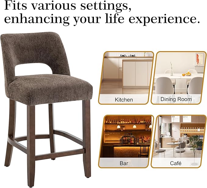 VKNOW Bar Stools Set of 4,Upholstered Counter Height Bar Stools,Modern Counter Stools with Wood Legs for Kitchen Island Dining Room Bar, Brown