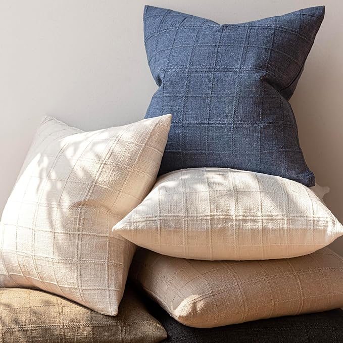 Foindtower Set of 2 Decorative Linen Check Throw Pillow Covers Neutral Farmhouse Vintage Cushion Covers Modern Coastal Boho Home Decor for Sofa Chair Couch Bedroom Living Room,18×18 Inch,Blue