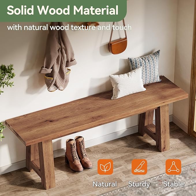 55" Solid Wood Entryway Bench, Farmhouse Long Wood Bench Dining Seat for Living Room, Dining Room, Hallway, Rustic Brown