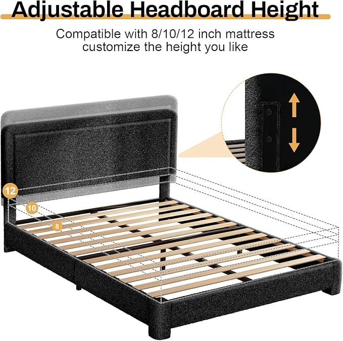 WEUP Queen Size Boucle Bed Frame, Upholstered Cloud Bed Frame with Adjustable Headboard, Soft Rounded Corners, No Box Spring Required, Easy Assembly, Black
