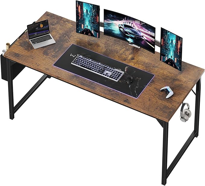 OLIXIS Computer Desk 63 Inch Home Office Desks for Small Spaces, Gaming Writing Study Work Table with Storage Bag and Headphone Hook for Bedroom, Rustic Brown