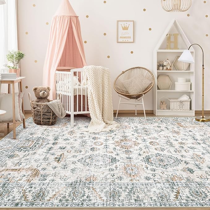 XLUEZ Area Rug 5x7 Living Room Rug, Machine Washable Vintage Distressed Boho Area Rug Non-Slip Soft Low Pile Large Indoor Rugs for Bedroom Kitchen Dining Room Office(Brown Green,5'x7')